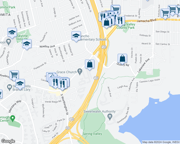 map of restaurants, bars, coffee shops, grocery stores, and more near 8535 Paradise Valley Road in Spring Valley