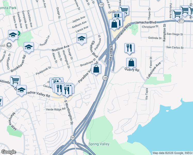 map of restaurants, bars, coffee shops, grocery stores, and more near 8535 Paradise Valley Road in Spring Valley