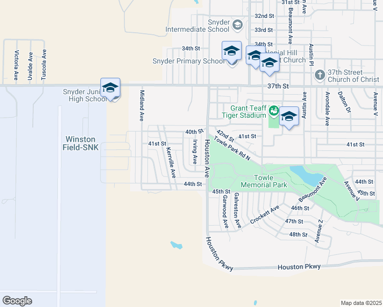 map of restaurants, bars, coffee shops, grocery stores, and more near 4106 43rd Street in Snyder