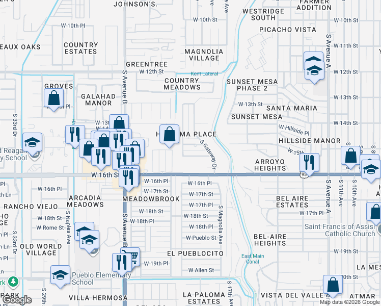 map of restaurants, bars, coffee shops, grocery stores, and more near 1986 West 15th Place in Yuma