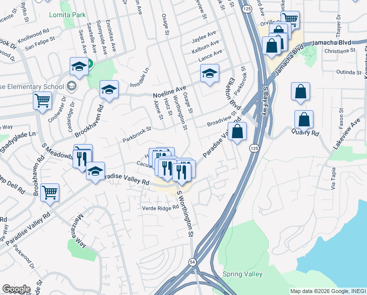 map of restaurants, bars, coffee shops, grocery stores, and more near 302 Worthington Street in Spring Valley
