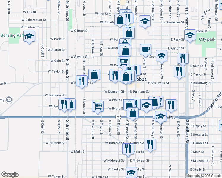 map of restaurants, bars, coffee shops, grocery stores, and more near 220 West Dunnam Street in Hobbs