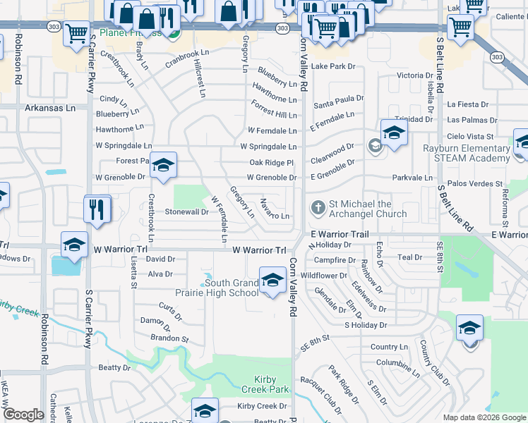 map of restaurants, bars, coffee shops, grocery stores, and more near 3050 Navarro Lane in Grand Prairie