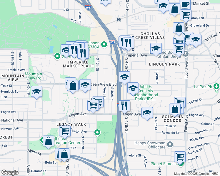 map of restaurants, bars, coffee shops, grocery stores, and more near 518 South 46th Street in San Diego