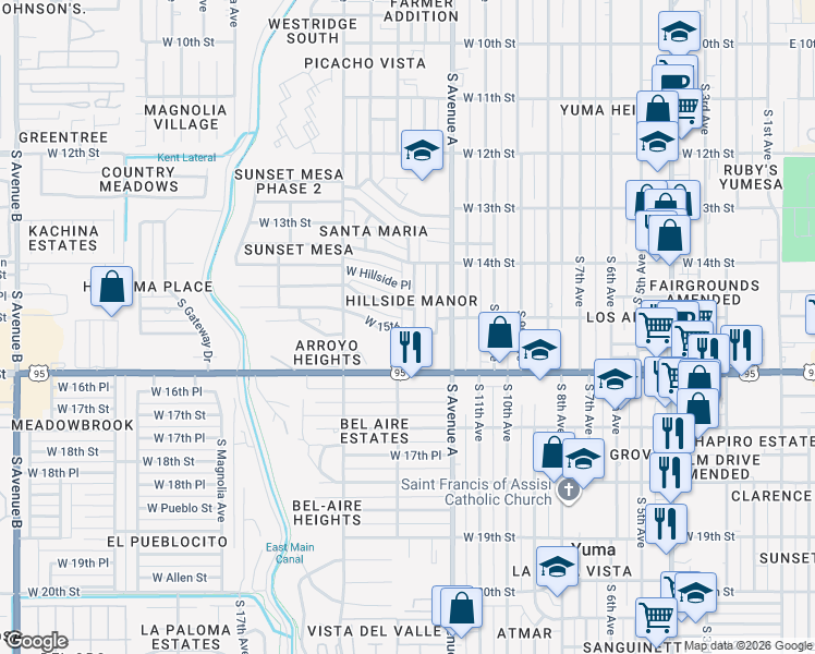 map of restaurants, bars, coffee shops, grocery stores, and more near 1445 13th Avenue in Yuma