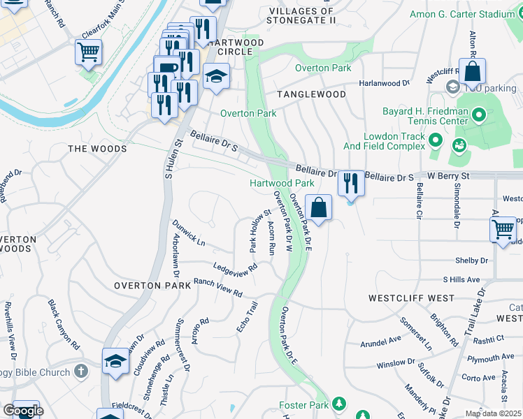 map of restaurants, bars, coffee shops, grocery stores, and more near 3408 Park Hollow Street in Fort Worth