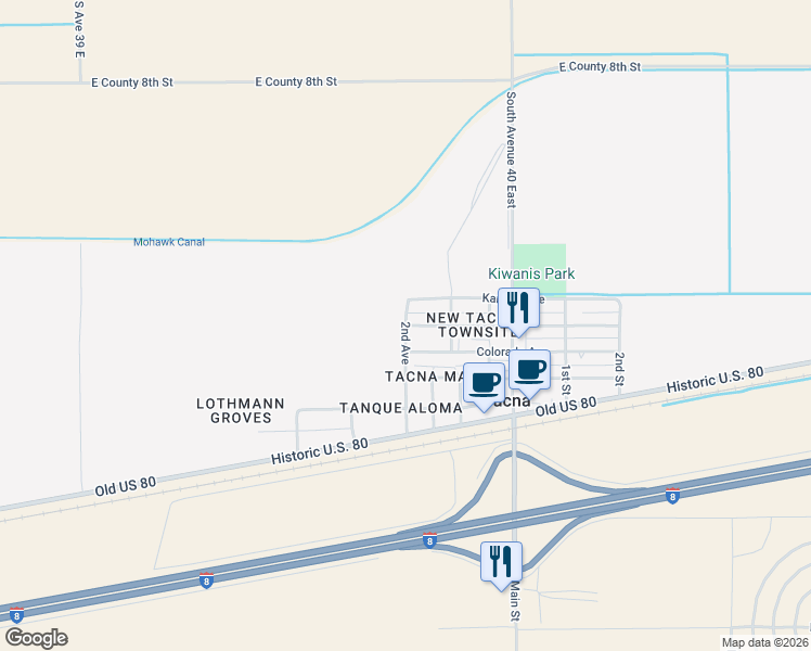 map of restaurants, bars, coffee shops, grocery stores, and more near 39701 Texas Avenue in Wellton