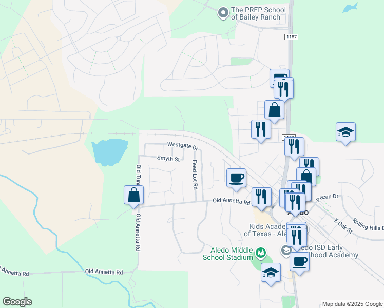 map of restaurants, bars, coffee shops, grocery stores, and more near 317 Feed Lot Road in Aledo