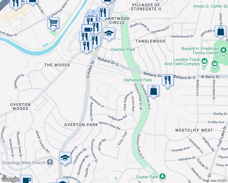 map of restaurants, bars, coffee shops, grocery stores, and more near 4405 Overton Crest Street in Fort Worth