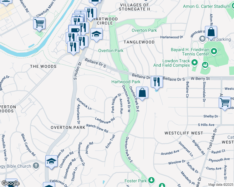 map of restaurants, bars, coffee shops, grocery stores, and more near 3408 Park Hollow Street in Fort Worth