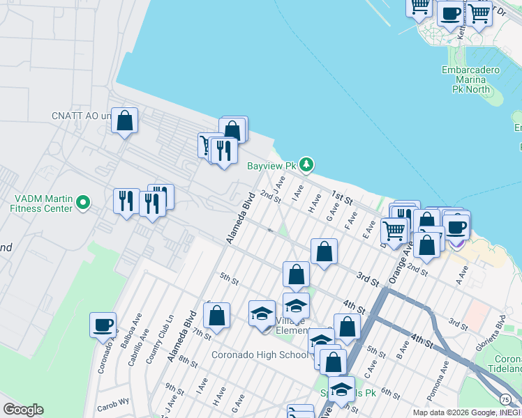 map of restaurants, bars, coffee shops, grocery stores, and more near 238 J Avenue in Coronado