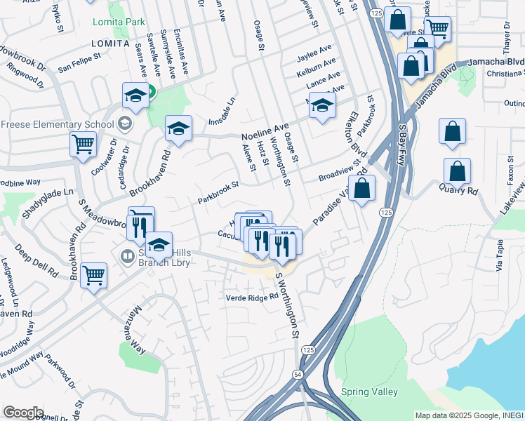 map of restaurants, bars, coffee shops, grocery stores, and more near 242 Tarango Place in Spring Valley