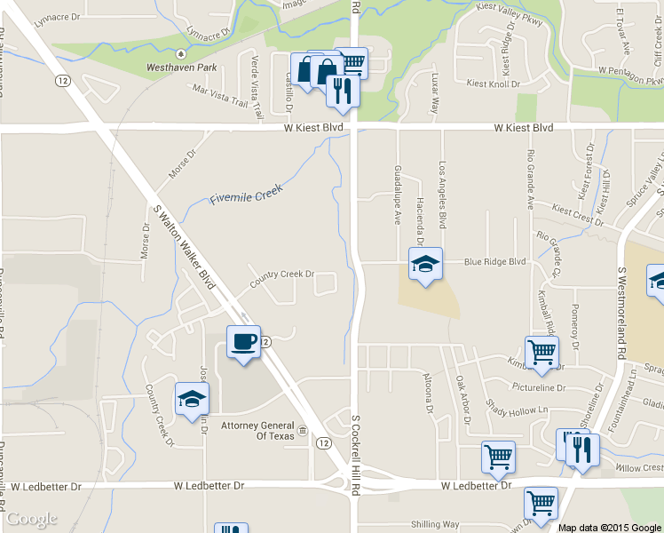 map of restaurants, bars, coffee shops, grocery stores, and more near 4407 Country Creek Drive in Dallas