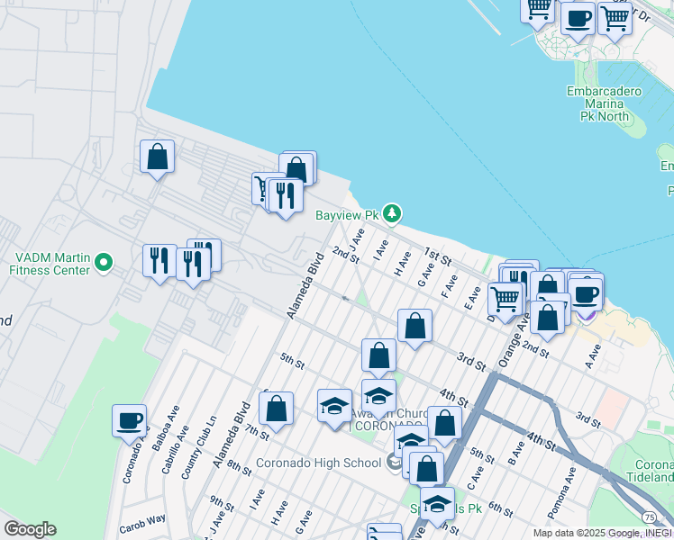 map of restaurants, bars, coffee shops, grocery stores, and more near 232 J Avenue in Coronado