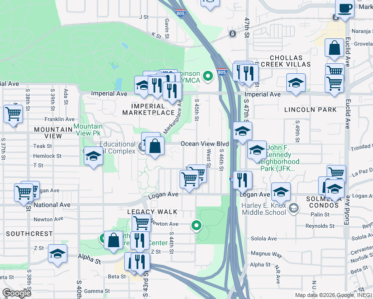 map of restaurants, bars, coffee shops, grocery stores, and more near 517 Elizabeth Street in San Diego