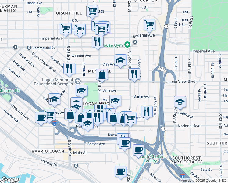 map of restaurants, bars, coffee shops, grocery stores, and more near 600 South 31st Street in San Diego