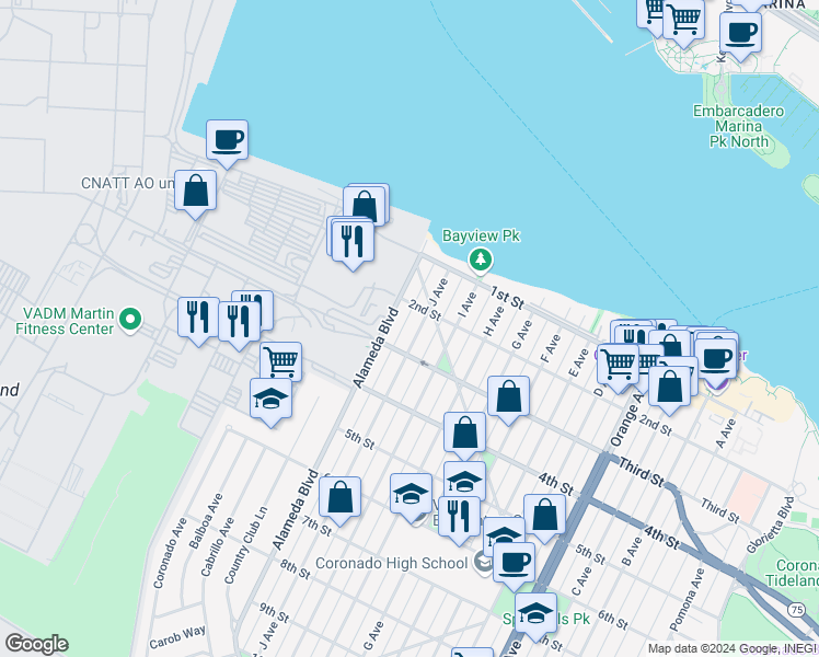 map of restaurants, bars, coffee shops, grocery stores, and more near 238 J Avenue in Coronado