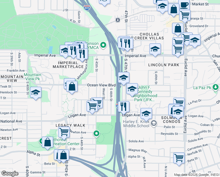 map of restaurants, bars, coffee shops, grocery stores, and more near 518 South 46th Street in San Diego