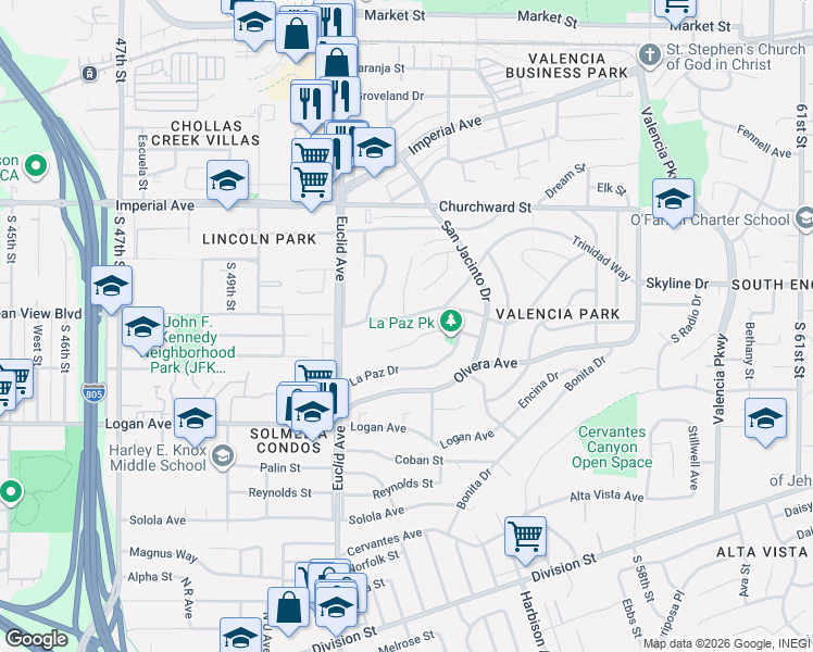 map of restaurants, bars, coffee shops, grocery stores, and more near 5211 Trinidad Way in San Diego