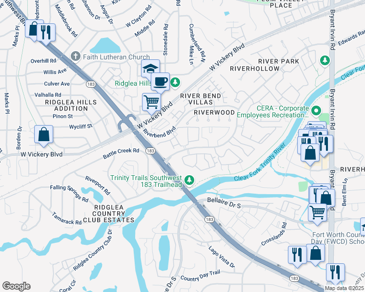 map of restaurants, bars, coffee shops, grocery stores, and more near 3455 Riverstone Circle North in Fort Worth