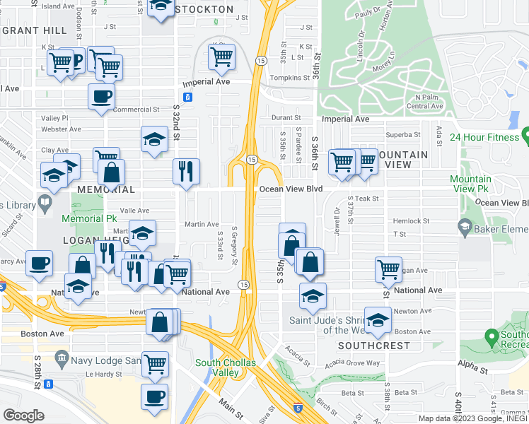 map of restaurants, bars, coffee shops, grocery stores, and more near 3443 Valle Avenue in San Diego