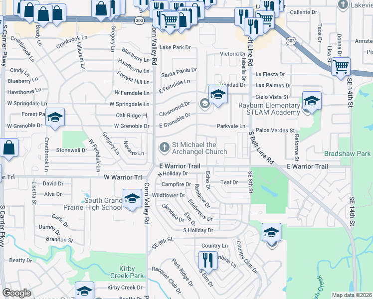 map of restaurants, bars, coffee shops, grocery stores, and more near 211 East Warrior Trail in Grand Prairie