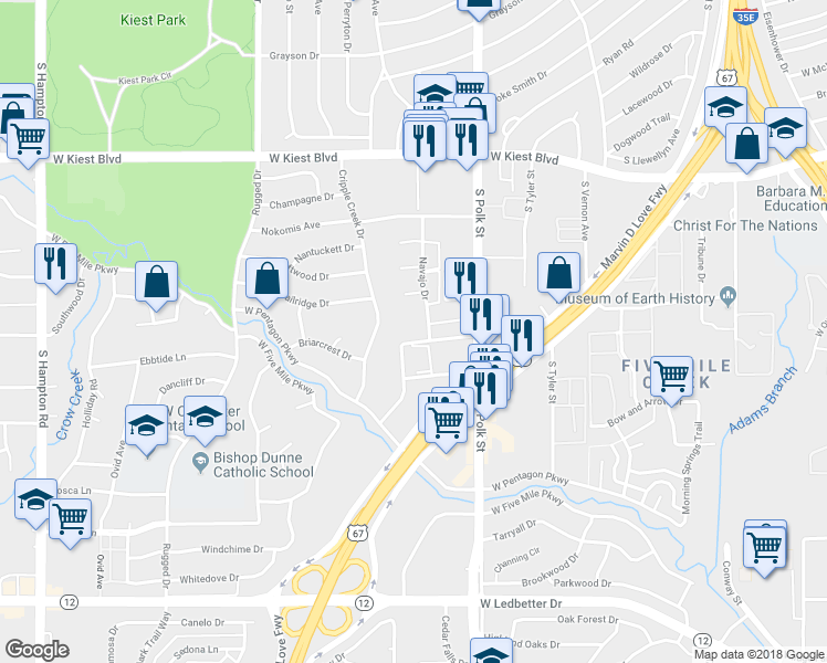 map of restaurants, bars, coffee shops, grocery stores, and more near 3633 Legendary Lane in Dallas