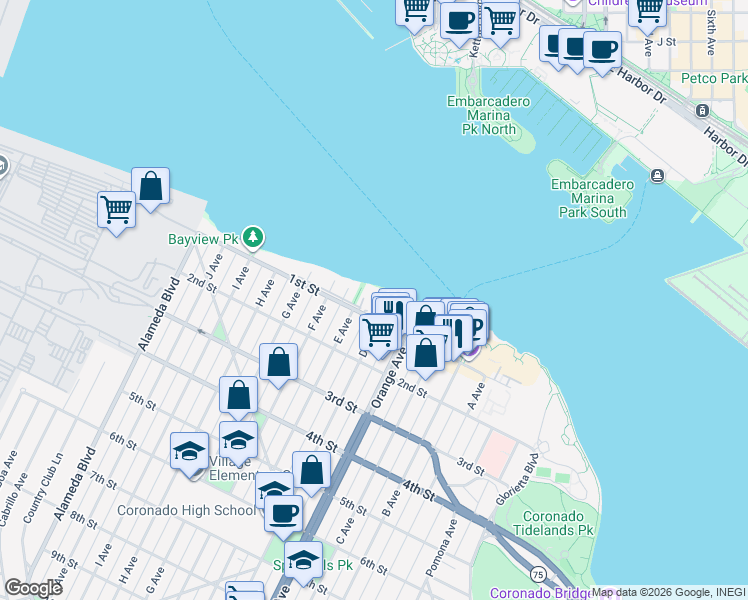 map of restaurants, bars, coffee shops, grocery stores, and more near 913 1st Street in Coronado