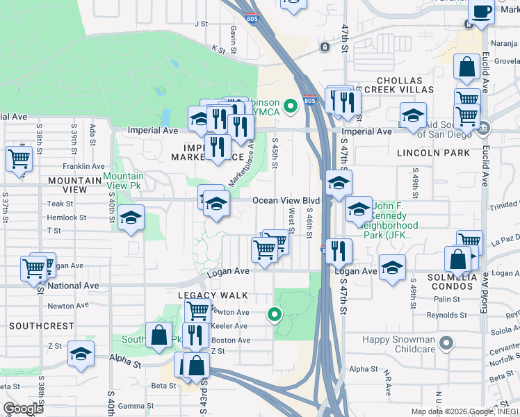 map of restaurants, bars, coffee shops, grocery stores, and more near 517 Elizabeth Street in San Diego