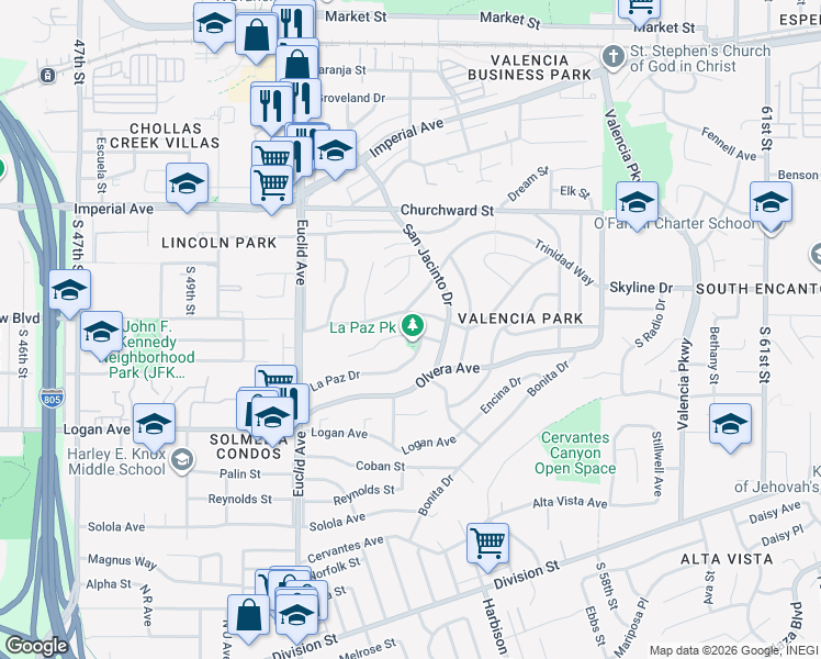 map of restaurants, bars, coffee shops, grocery stores, and more near 5280 San Bernardo Terrace in San Diego