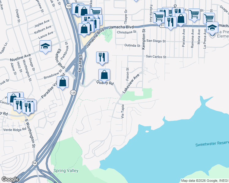 map of restaurants, bars, coffee shops, grocery stores, and more near 6377 Quarry Road in Spring Valley