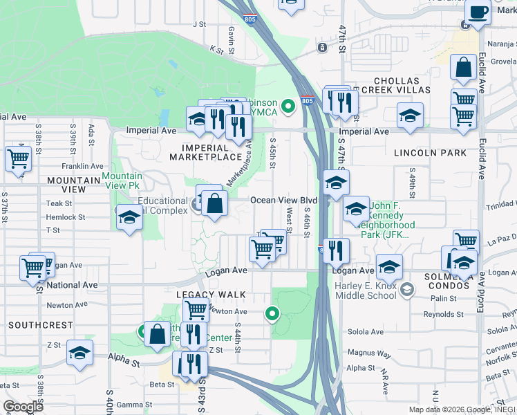 map of restaurants, bars, coffee shops, grocery stores, and more near 517 Elizabeth Street in San Diego