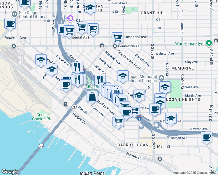 map of restaurants, bars, coffee shops, grocery stores, and more near 2070 Logan Avenue in San Diego