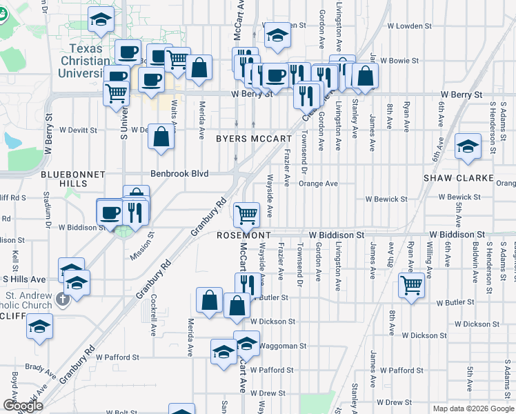 map of restaurants, bars, coffee shops, grocery stores, and more near 3436 Wayside Avenue in Fort Worth