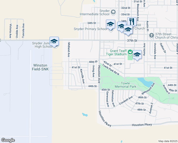 map of restaurants, bars, coffee shops, grocery stores, and more near 4106 43rd Street in Snyder