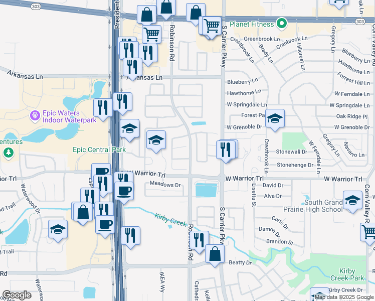 map of restaurants, bars, coffee shops, grocery stores, and more near 1003 Willowbrook Circle in Grand Prairie