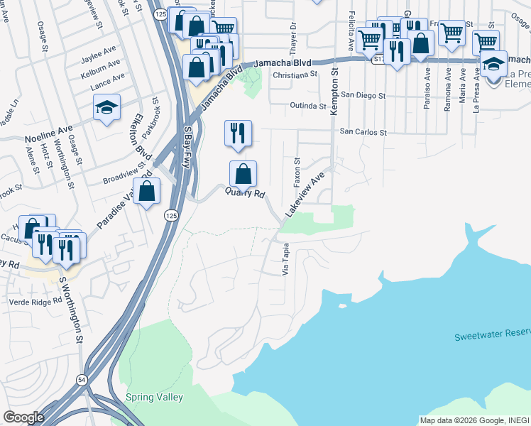 map of restaurants, bars, coffee shops, grocery stores, and more near 6377 Quarry Road in Spring Valley