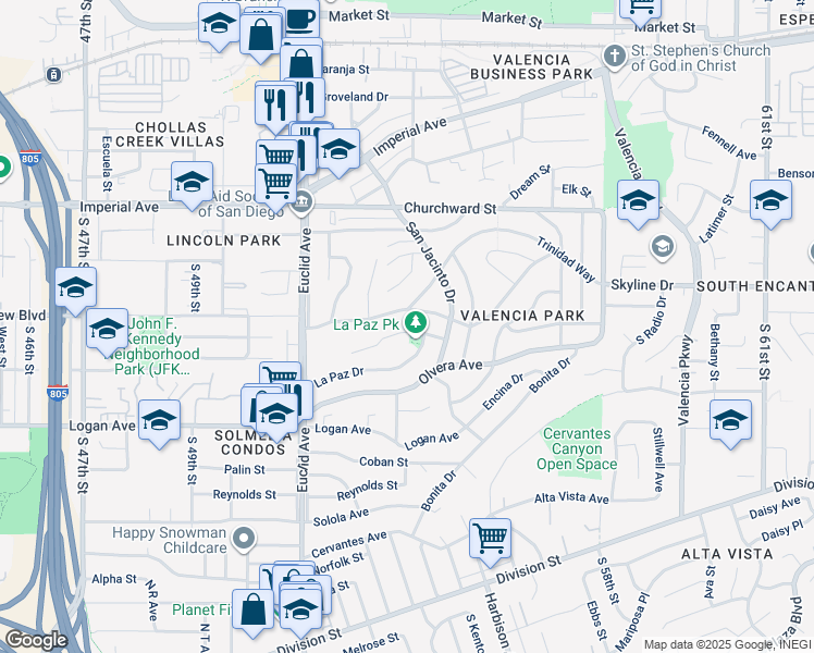 map of restaurants, bars, coffee shops, grocery stores, and more near 5270 San Bernardo Terrace in San Diego