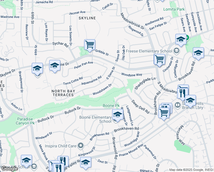 map of restaurants, bars, coffee shops, grocery stores, and more near 7318 Woodshawn Drive in San Diego