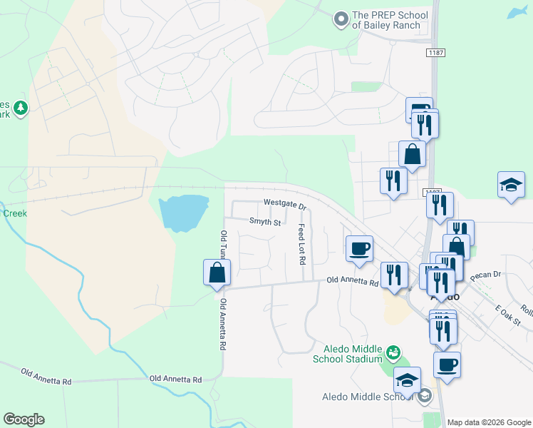 map of restaurants, bars, coffee shops, grocery stores, and more near 309 Sandra Lane in Aledo