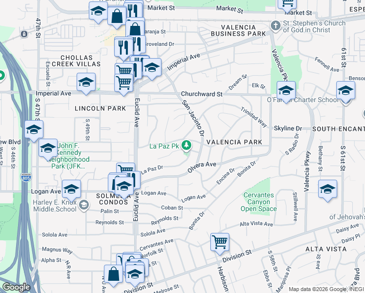 map of restaurants, bars, coffee shops, grocery stores, and more near 5280 San Bernardo Terrace in San Diego