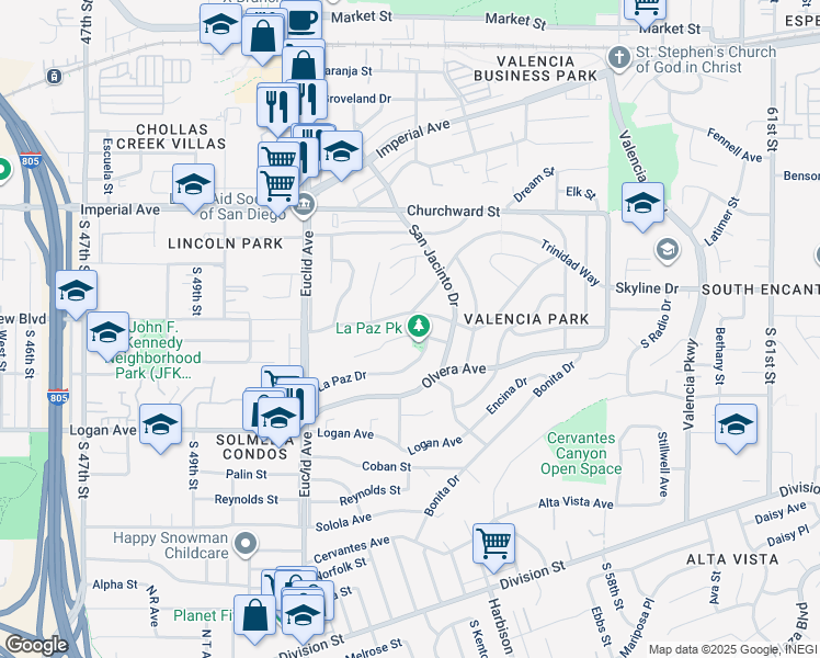 map of restaurants, bars, coffee shops, grocery stores, and more near 5270 San Bernardo Terrace in San Diego