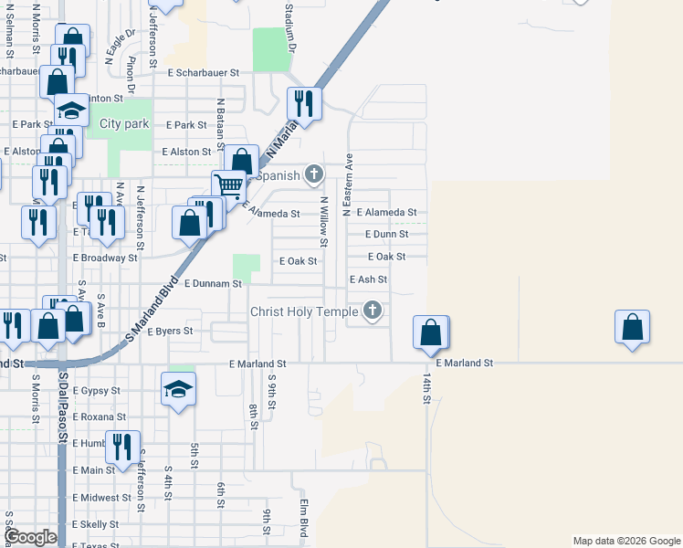 map of restaurants, bars, coffee shops, grocery stores, and more near 119 South Eastern Street in Hobbs