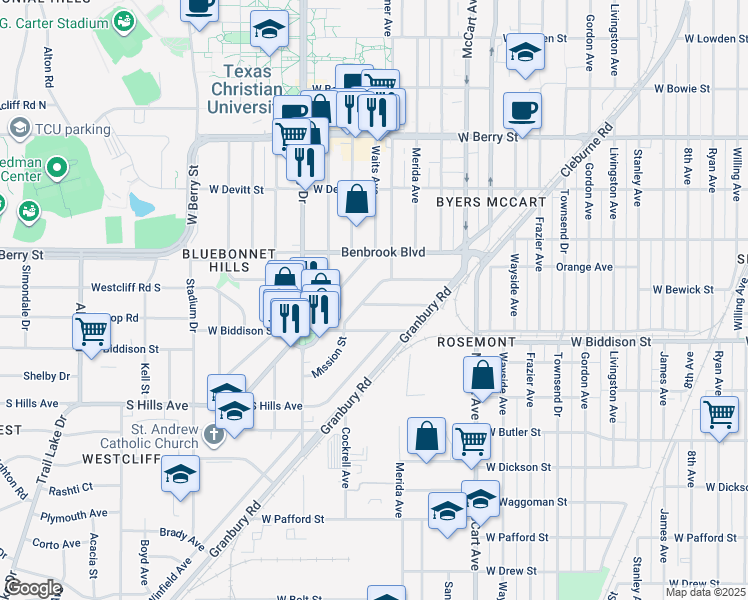 map of restaurants, bars, coffee shops, grocery stores, and more near 2812 West Bewick Street in Fort Worth