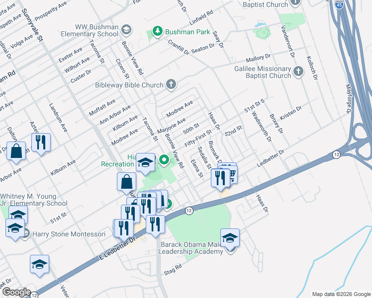 map of restaurants, bars, coffee shops, grocery stores, and more near 3008 51st Street in Dallas