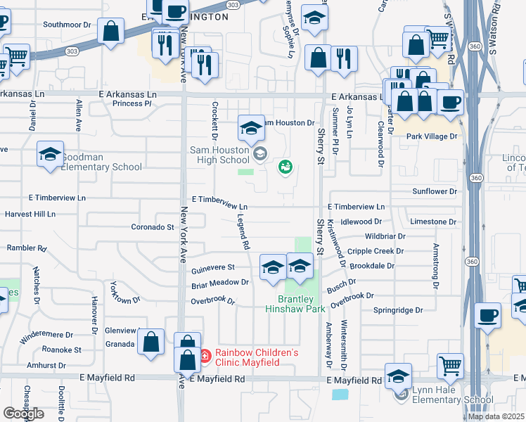 map of restaurants, bars, coffee shops, grocery stores, and more near 2010 East Timberview Lane in Arlington