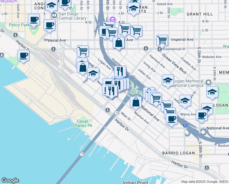 map of restaurants, bars, coffee shops, grocery stores, and more near 1101 Cesar E. Chavez Parkway in San Diego