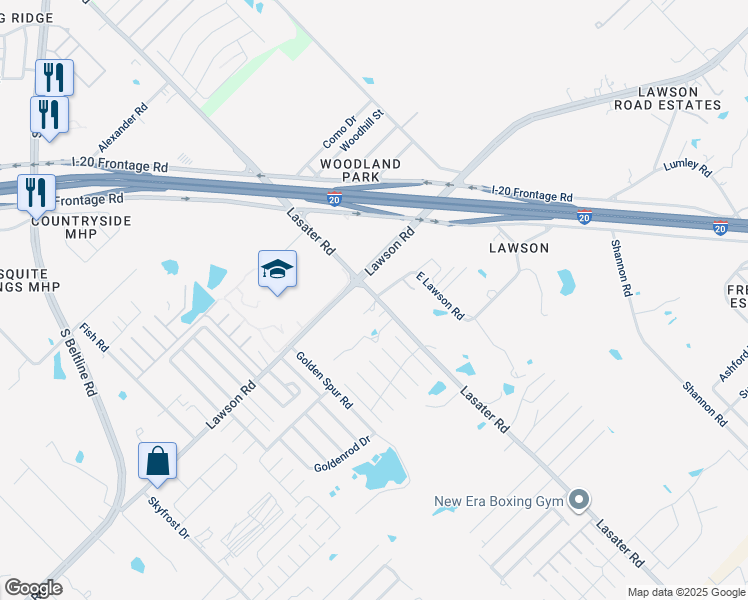 map of restaurants, bars, coffee shops, grocery stores, and more near 14900 Lasater Road in Dallas