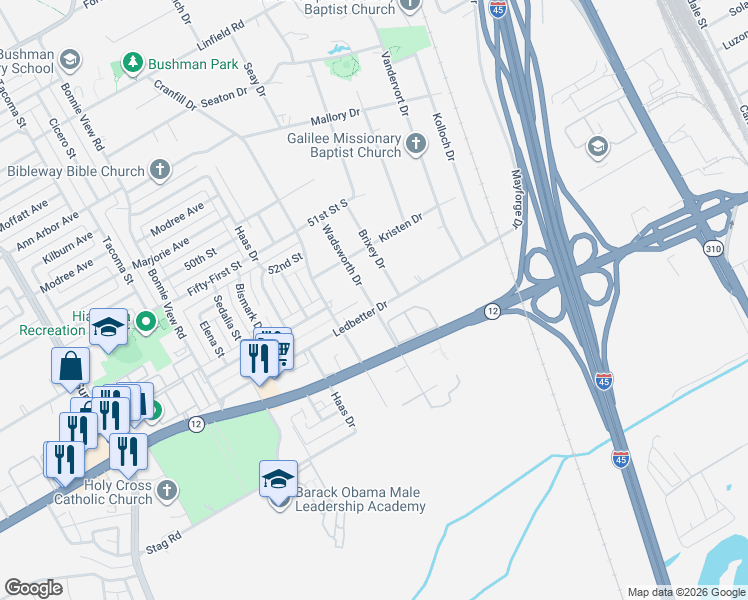 map of restaurants, bars, coffee shops, grocery stores, and more near 3277 Ledbetter Drive in Dallas