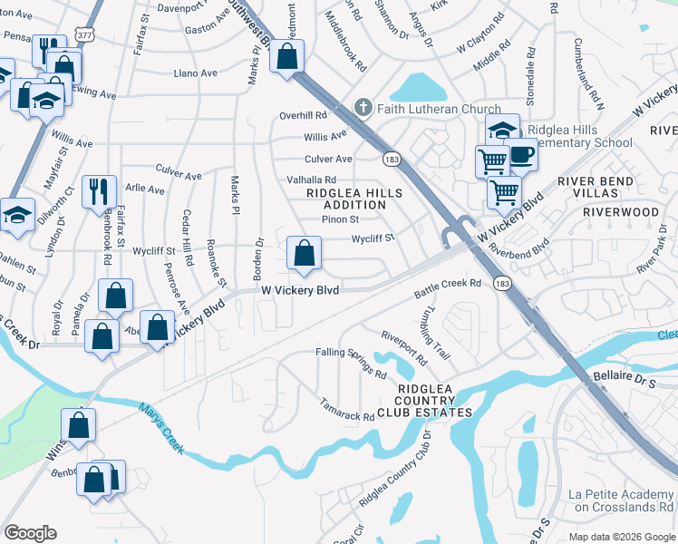 map of restaurants, bars, coffee shops, grocery stores, and more near 7437 Overhill Road in Fort Worth